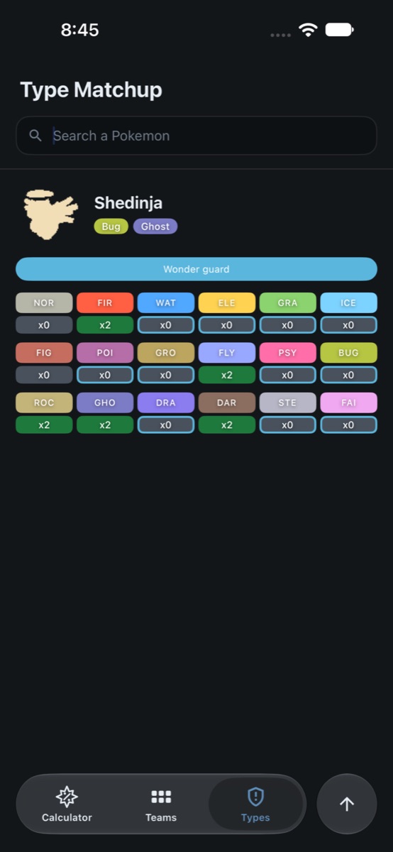 Type matchup screen